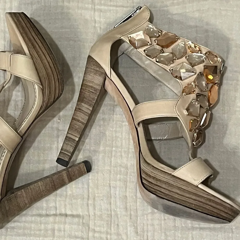 Jean-Michel Cazabat Crystal Embellished Platform Leather High Heels‎ Nude Sz 7.5